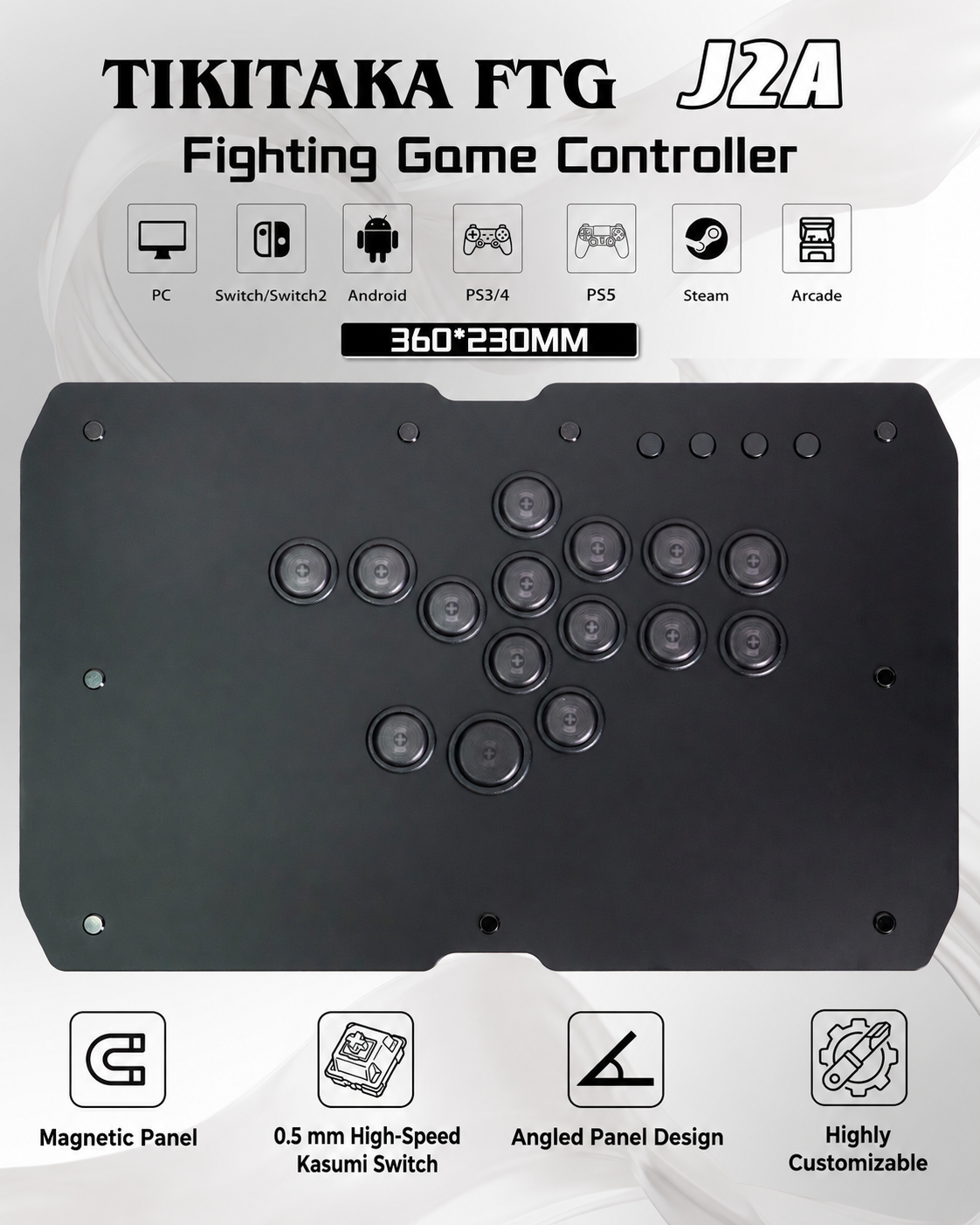 J2A magnetic panel, 0.5 mm Kasumi switch, angled panel and customization features.