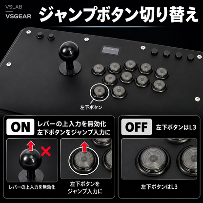 VSLAB VSGEAR。ONでレバーの上入力を無効化し、左下ボタンをジャンプ入力に切り替え。OFF時はL3。