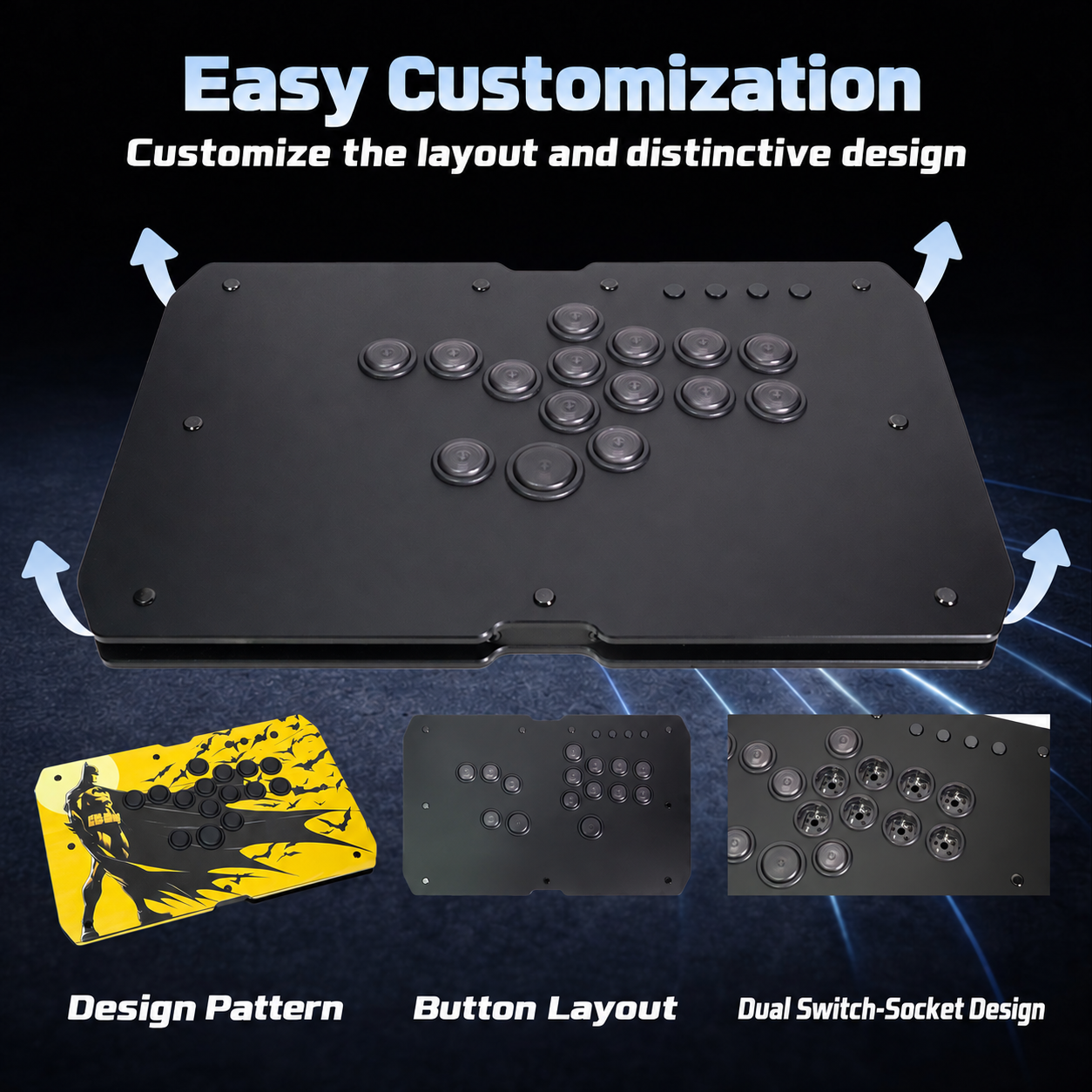 J2A customization examples for artwork, button layout and dual switch socket design.
